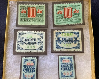 Vintage Blue Chip and S&H Stamp Handmade Refrigerator Magnets Set of Six