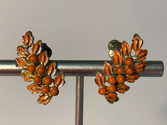 Antique Coro signed Silver and orange flower clip… - image 10