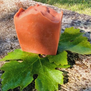 May include: A rectangular bar of handmade soap with a reddish-brown color. The soap is resting on a green leaf.