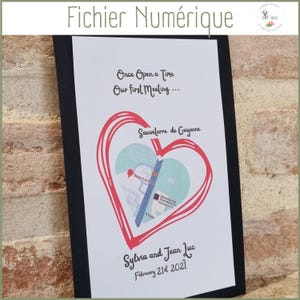 Peut inclure: Une carte blanche avec un cœur rouge dessiné autour d'une carte de Sauveterre de Guyenne, France. Le texte "Once Upon a Time Our First Meeting..." est en haut de la carte. Le texte "Sylvia and Jean Luc February 21st 2021" est en bas de la carte.