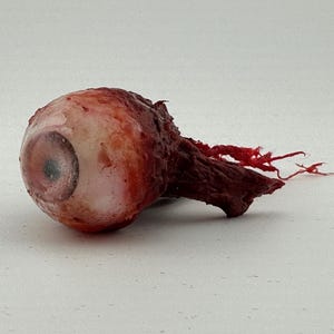 May include: A realistic, prosthetic eyeball with a detailed iris and pupil. The eye is surrounded by red and brown tissue, with visible veins and a detached optic nerve. The overall effect is a gruesome, horror-themed prop.