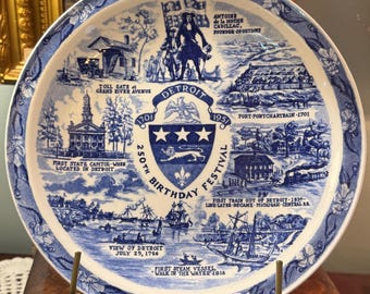 Vintage Souvenir Plate Detroit 250th Birthday Blue & White Plate Wall Patriotic