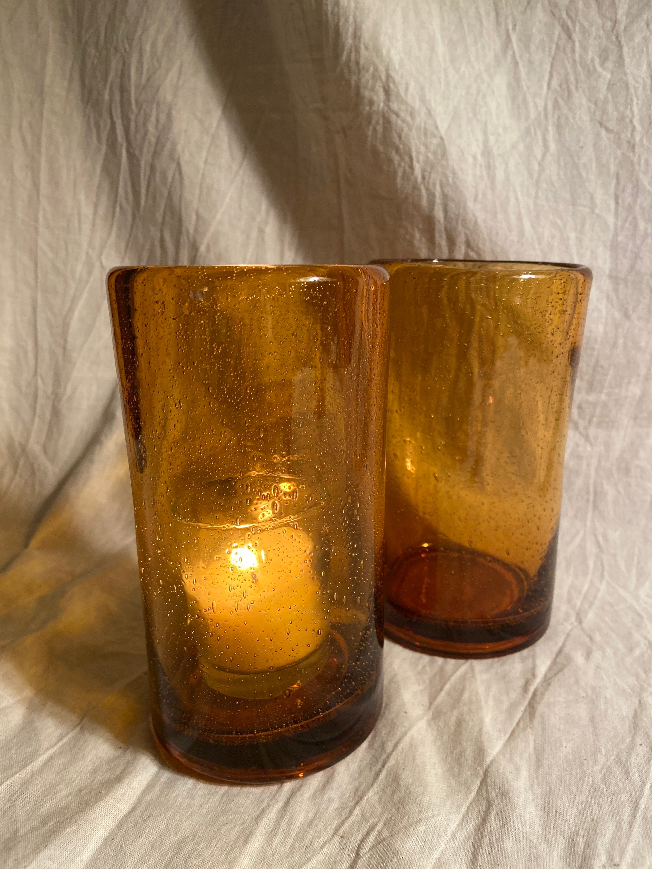 Hand Blown Amber Bubble Glass Cylinder Vases Amber Glass Tall Etsy