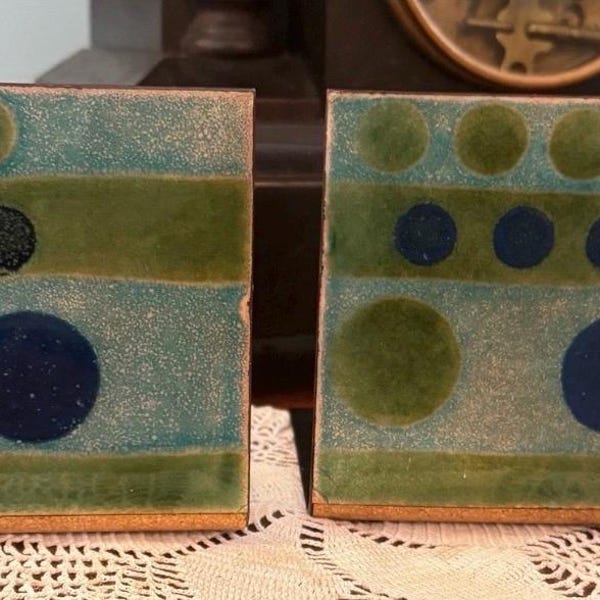 Vintage MCM Enamel Copper Bookends Pair – Geometric Blue Green Design