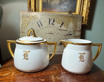1920 KPM Bavaria White Porcelain Heavy Gold Gilt Edwardian  “F” Monogram Creamer & Sugar Set