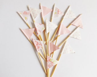 Pink Floral Cupcake Picks Embellishments Pretty Cake Topper Flags Party Decorations Baking Craft Supplies