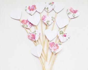 Floral White Heart Cupcake Picks Cake Toppers Embellishments Party Decorations Baking Craft Supplies