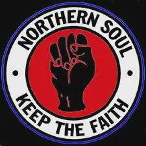 May include: A black and white circular logo with a red center. The logo features a raised fist and the text "NORTHERN SOUL KEEP THE FAITH".