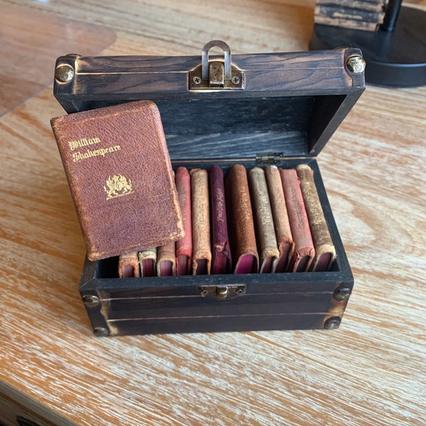 Leather Miniature Antique Shakespeare Books in Wood Torched Treasure Chest, 1920's Set of 12 Tiny Books Rare Vintage Pocket Books Distressed