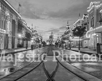 Cinderella Castle Empty Main Street Black and White - Instant Digital Download