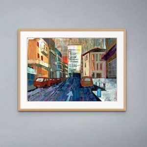 Tel- Aviv vibrant City Street Scenery, Israeli Wall Art Print of Original Acrylic Painting by Osshaart