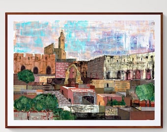 Jerusalem Old City Wall Art Print, Israeli Acrylic Painting
