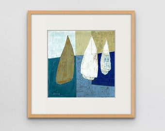 Autumn Sea - Acrylic on Canvas - Pastel Color Painting, Israeli Wall Art Print - Ocean and Sailing Lovers Gift, Modern Art by Osshaart