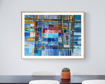 SUPERPOSITION IN BLUE - Large Modern Abstract Wall Art Print, Print of Original Blue Abstract Painting, Horizontal Living Room Art Print