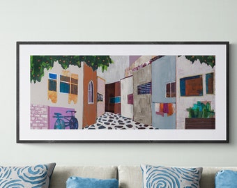 Rustic Urban Romantic Colorful Wall Art Painting, Ethnic Panoramic Buildings and Windows Views, Boho Chic Art Print on Canvas or Paper