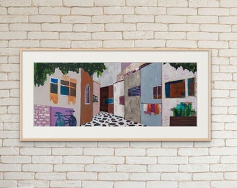 Original Old Israeli Street Painting, Realistic Panoramic Scenery Urban Views, Romantic Naive Wall Art Painting, Hand made Acrylic on Canvas