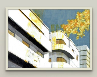 Modern Israeli Bauhaus Scenery ,Tel Aviv White City Views in Acrylic ,Architecture and Buildings Office Wall Art, Contemporary Wall Decor