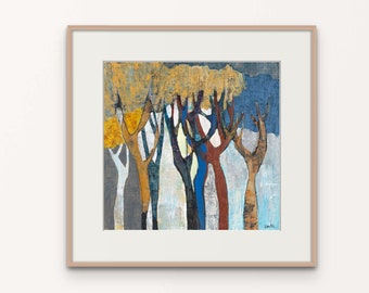 Lyric Trees - Forest Scenery Wall Art Print, Colorful-Blue-Yellow Large Landscape Painting, Calming Living Room Acrylic Painting