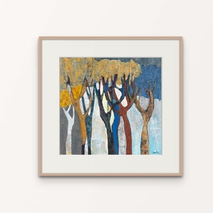 Lyric Trees -Israeli Forest Scenery Wall Art Print, Colorful-Blue-Yellow Large Landscape Painting, Calming Living Room Acrylic Painting