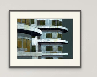 Isreali Bauhaus, Modern & Industrial Architecture Design Wall Art Print of Original Painting, Tel Aviv Urban Scenery Painting by ossha