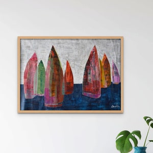 SAILBOATS painting, Original Acrylic Painting on Canvas, Contemporary Israeli Wall Art, Modern Boats Celebration Living Room Wall Decor image 1