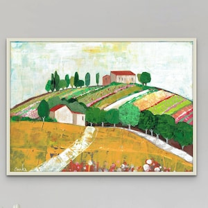 Israeli Landscape, A house on the hill, Colorful  northen Landscape Wall Art , Countryside Scenery Wall Art Painting, Contemporary Art