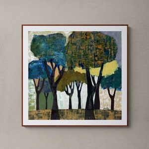 Forest - Abstract Trees Scenery Wall Art Print, Modern Landscape Painting, Green Blue Calming Living Room Acrylic Painting