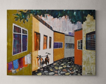 Original Intimate Street  Wall Art Painting on Canvas, City Landscape View, Contemporary  Israeli Wall Art, Old Bohemian Jaffa Neighborhood