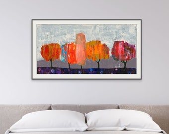 Abstract Trees Wall Art Print, Modern Nature Painting, Trendy Wall Art Painting, Calming Red Orange Living Room Wall Decor ,By Ossha