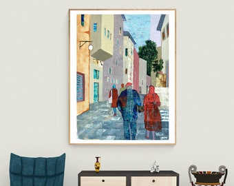 Jerusalem Alley Street Scenery Wall Art, City Urban Views Acrylic Painting, Colorful Modern Landscape Art Print