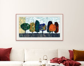 WOODS - Abstract Modern Unique Trees Wall Art Print, Calm Landscape Nature Painting, Trendy Wall Art Orange Blue Living Room Wall Decor