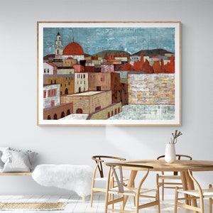 Abstracte Jeruzalem"-afdruk van handgemaakt acrylschilderij, landschapskunst aan de muur, afdruk van hoge kwaliteit op canvas/papier