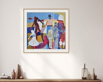 Colorful Figures Painting, Contemporary Israeli Wall Art ,Print of Original Acrylic & Paper On Canvas, High Quality Print, collage of colors