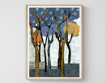 IMAGINARY FOREST - Outdoor Trees Painting, Country side Views Wall Art Print, Colorful Contemporary Israeli Landscape Modern Art for home