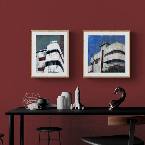 TEL AVIV shops BAUHAUS - Modern Acrylic Painting, Urban Scenery Buildings Architecture Wall Art Print, contemporary Minimalist Israeli Wall Art