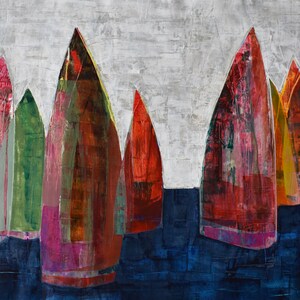 SAILBOATS painting, Original Acrylic Painting on Canvas, Contemporary Israeli Wall Art, Modern Boats Celebration Living Room Wall Decor image 2