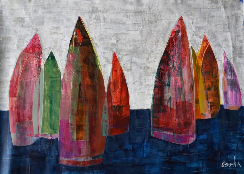 SAILBOATS painting, Original Acrylic Painting on Canvas, Contemporary Israeli Wall Art, Modern Boats Celebration Living Room Wall Decor image 2