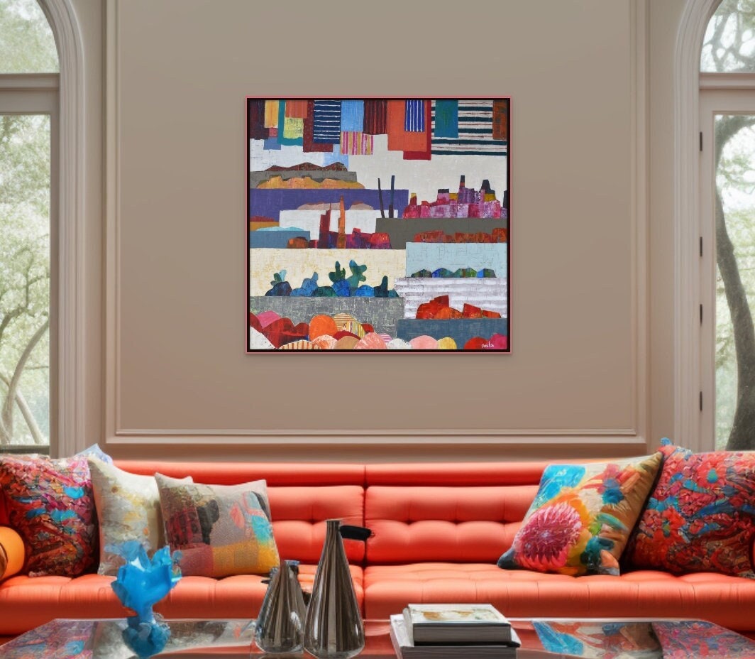 Contemporary Colorful Original Painting, Abstract Market Place , Unique Israeli Wall Art , Acrylic On Canvas, One of a kind Modern