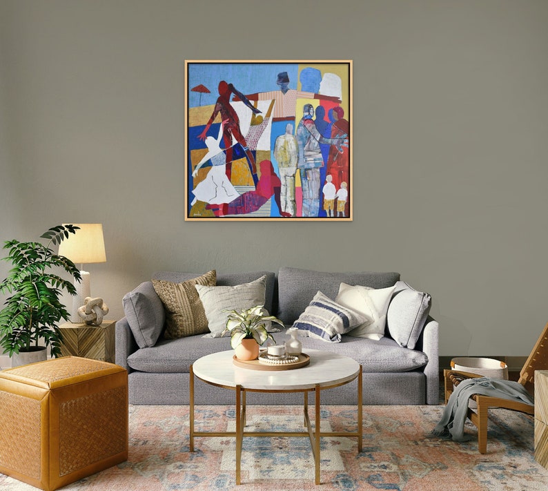Colorful Figures Painting, Contemporary Israeli Wall Art ,Print of Original Acrylic & Paper On Canvas, High Quality Print, collage of colors image 3