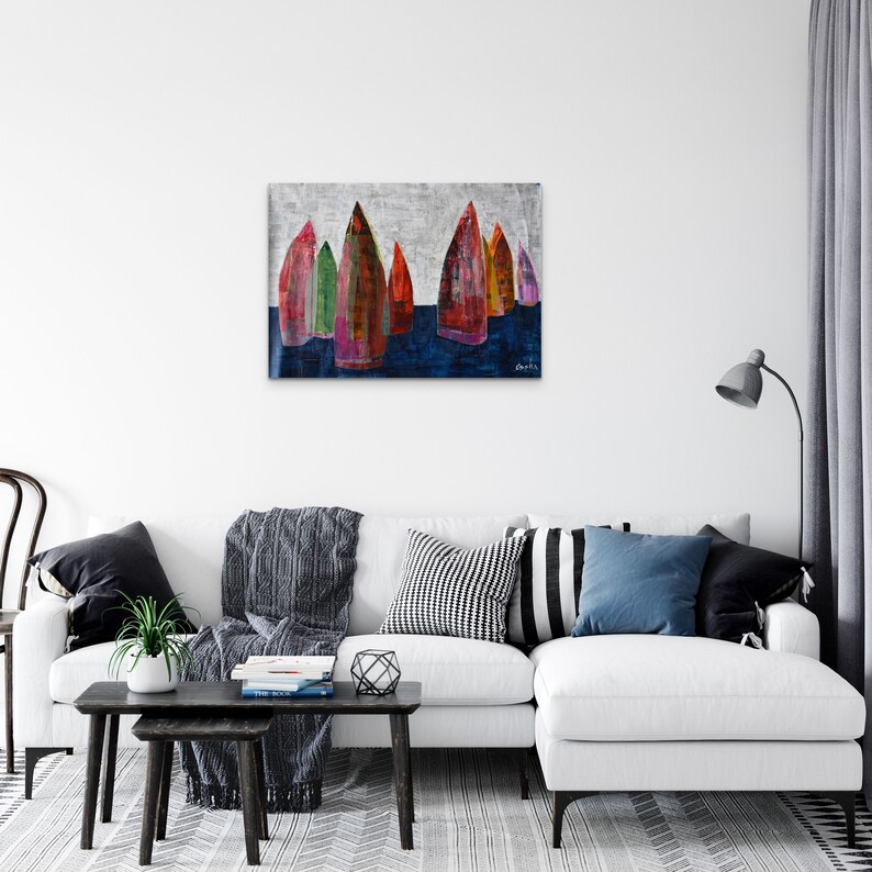 SAILBOATS painting, Original Acrylic Painting on Canvas, Contemporary Israeli Wall Art, Modern Boats Celebration Living Room Wall Decor image 5