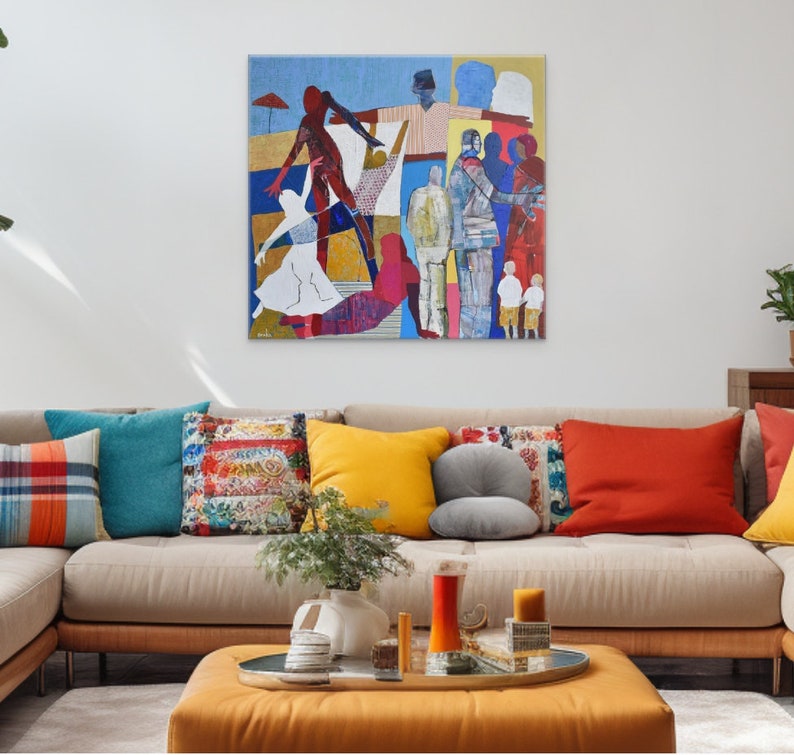 Colorful Figures Painting, Contemporary Israeli Wall Art ,Print of Original Acrylic & Paper On Canvas, High Quality Print, collage of colors image 4