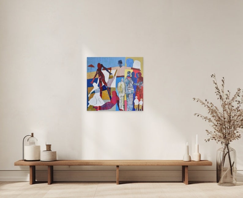 Colorful Figures Painting, Contemporary Israeli Wall Art ,Print of Original Acrylic & Paper On Canvas, High Quality Print, collage of colors image 2