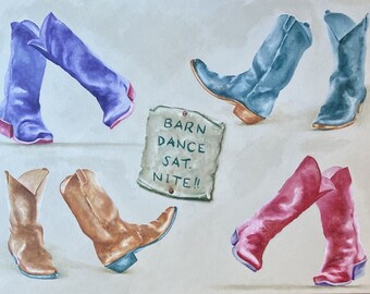 Oil painting of dancing cowboy boots, “BARN DANCE SAT. Nite! #1”, original artwork, western wall art, cowboy boots, whimsical