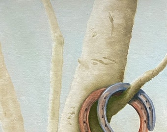 TRAILSIDE LOST & FOUND #1, original oil painting, western wall art, horseshoes, birch trees, stylized, whimscial