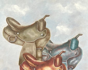 SADDLE STAMPEDE: AIRBORNE, original oil painting, western wall art, saddles, stylized, whimsical