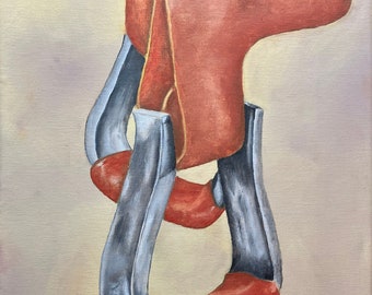 SUPPORTING ROLES #3, original oil painting, western wall art, stirrups, saddle, whimsical, stylized