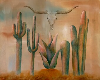 HALLOWED HEAT, original oil painting, western wall art, cattle skull, cactus, stylized, whimsical