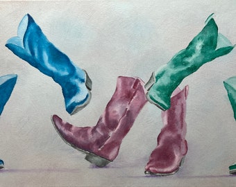 BARN DANCE SAT. Nite! #2, original oil painting, cowboy boots, western wall art, whimsical, stylized