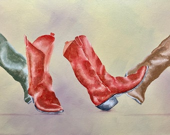 BARN DANCE SAT. Nite! #3, original oil painting, western wall art, cowboy boots, whimsical