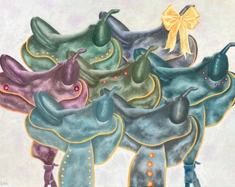 SADDLE STAMPEDE: CASTING Call, original oil painting, western wall art, saddles, whimsical, stylized